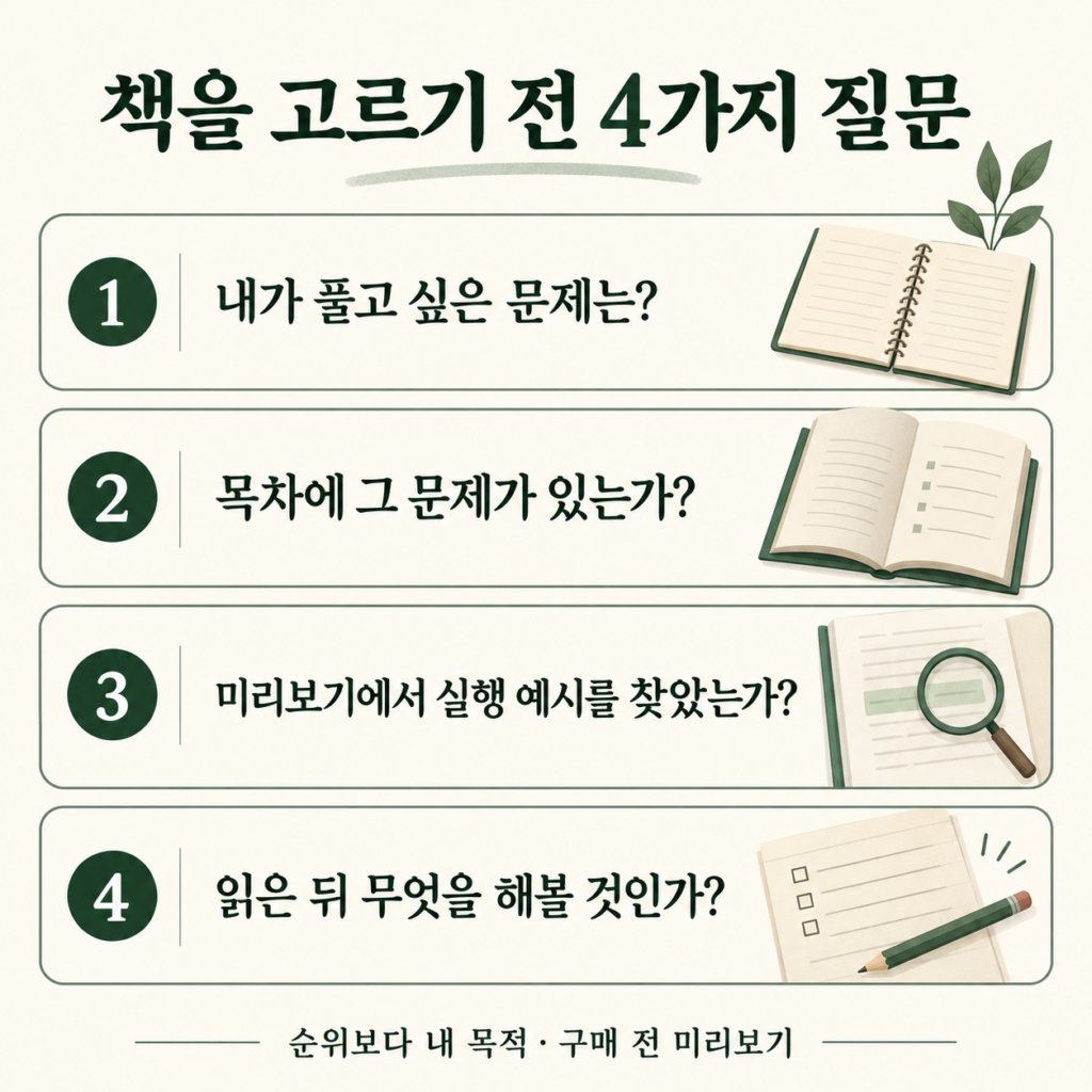 책을 고르기 전 내 문제, 관련 목차, 미리보기의 실행 예시, 읽은 뒤 할 행동을 확인하는 네 질문