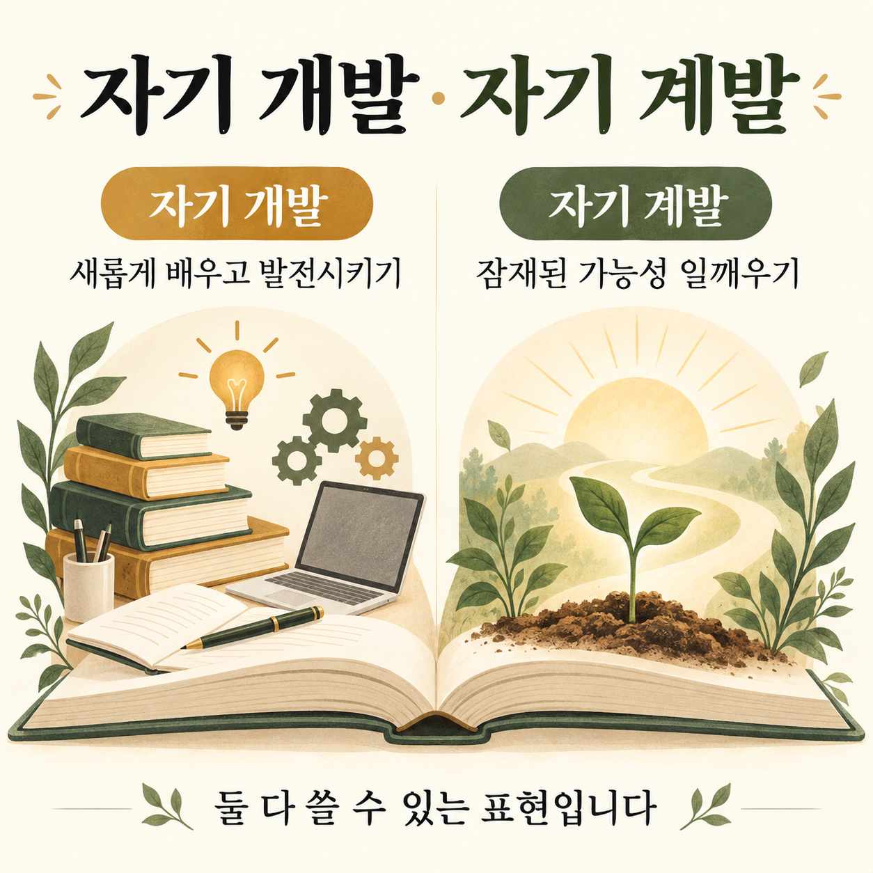 자기 개발은 새롭게 배우고 발전시키기, 자기 계발은 잠재된 가능성 일깨우기라는 초점을 비교한 인포그래픽