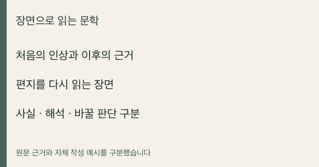 처음의 인상과 이후의 근거 · 편지를 다시 읽는 장면 · 사실 · 해석 · 바꿀 판단 구분