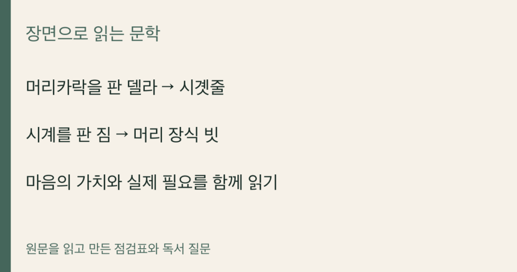 머리카락을 판 델라 → 시곗줄 · 시계를 판 짐 → 머리 장식 빗 · 마음의 가치와 실제 필요를 함께 읽기