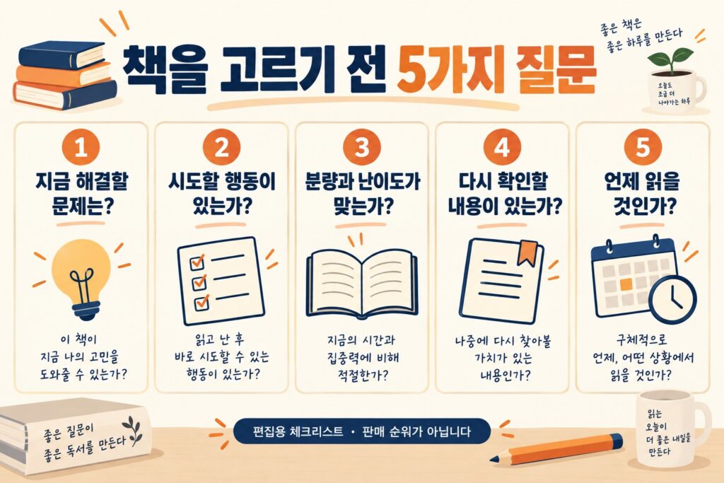 책 선택 전 문제·행동·난이도·다시 확인할 내용·읽을 시간을 점검하는 다섯 질문