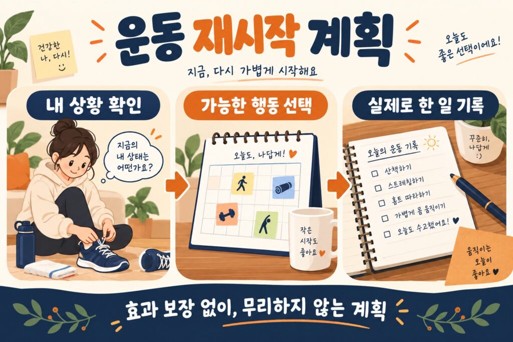 운동 재개 전 내 상황 확인, 가능한 행동 선택, 실제로 한 일 기록 계획표