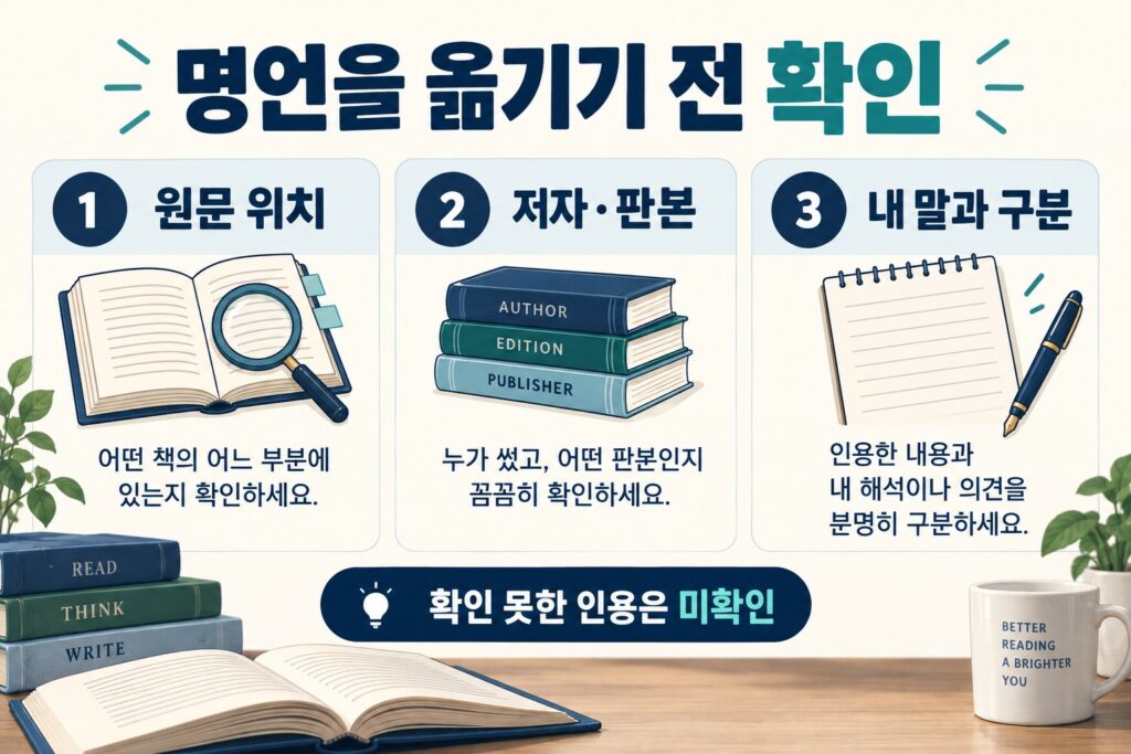 명언 인용 전 원문 위치·저자·판본·내 해석 구분