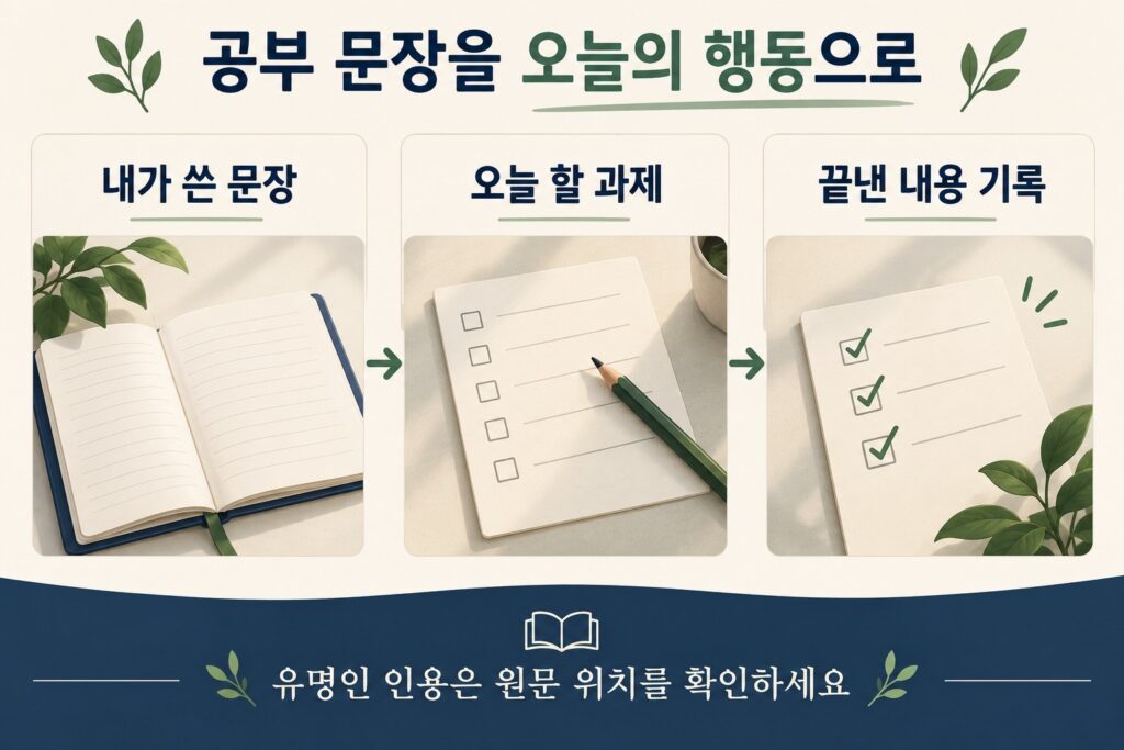 공부 문장을 오늘의 행동으로: 내가 쓴 문장·오늘 할 과제·끝낸 내용 기록