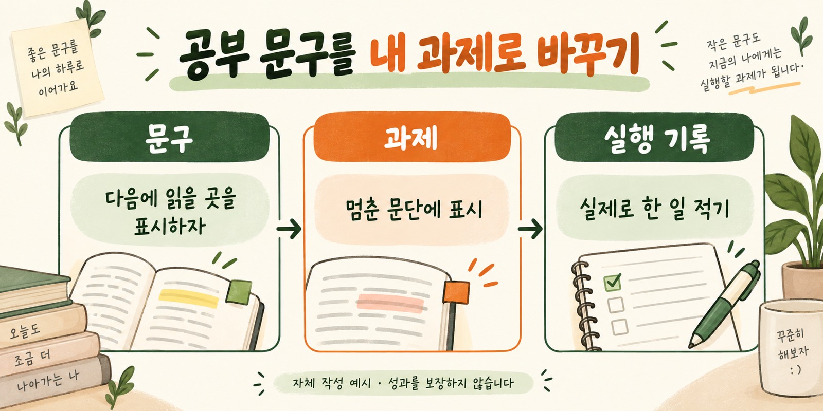 공부 문구를 내 과제로 바꾸기: 문구·과제·실행 기록; 자체 작성 예시