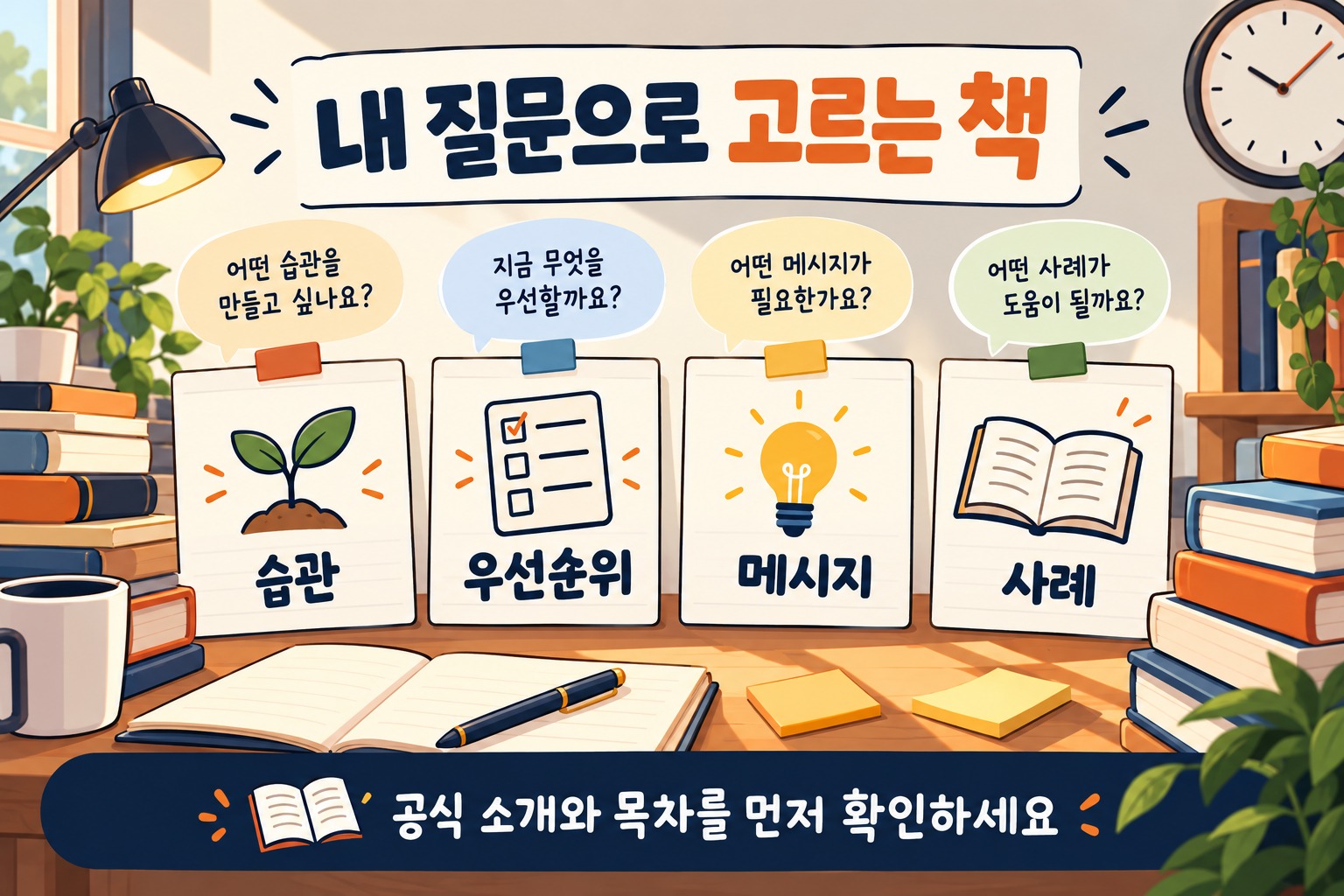 내 질문으로 고르는 책: 습관·우선순위·메시지·사례와 공식 소개·목차 확인
